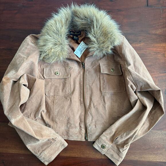 Vintage Ashley Stewart cocoa brown leather jacket collar fur size 3X NEW - Picture 1 of 7